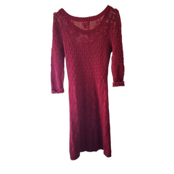 Elle Burgundy Open Knit Red Sweater 3/4 Lined Sleeve Dress - Picture 3 of 4